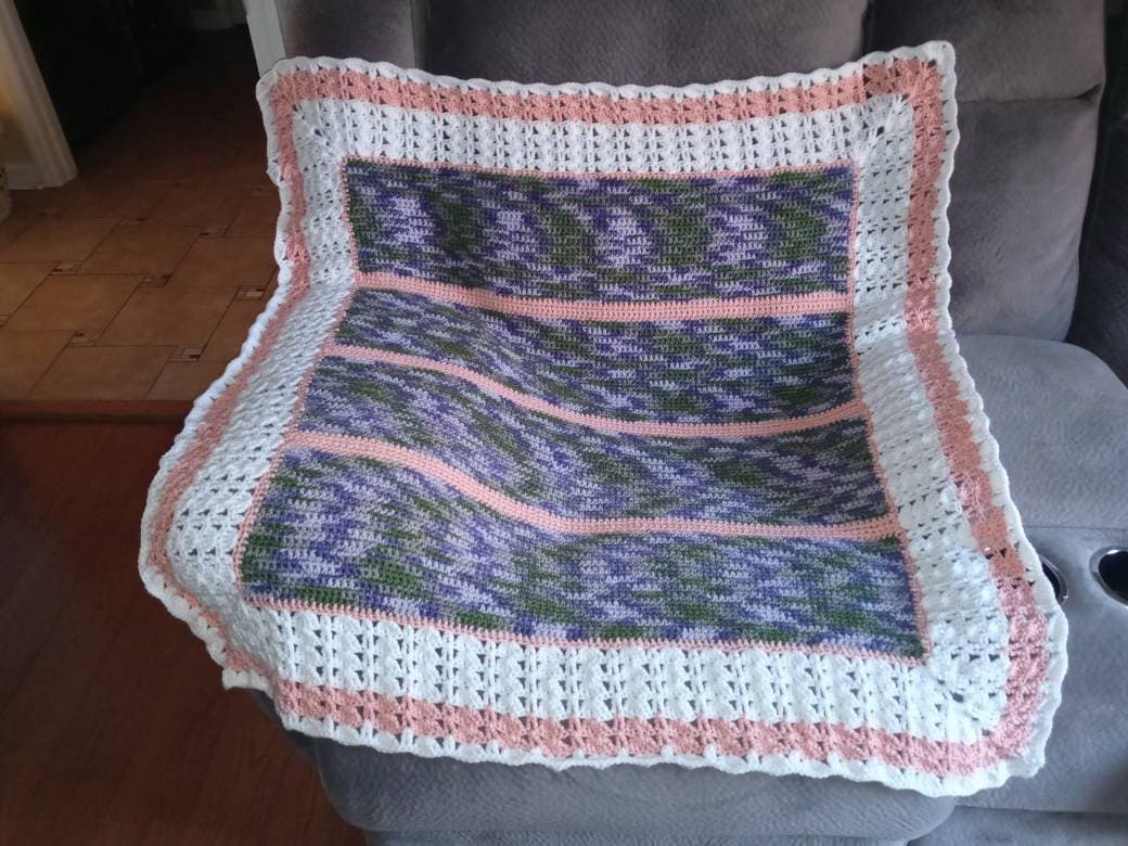 Crochet Baby Blanket: Peach, Green, Purple Acrylic Crib Blanket